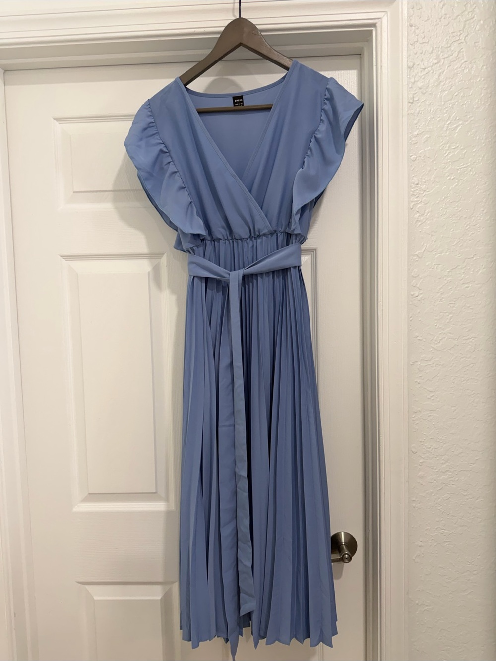 SHEIN Pleated V-Neck Midi Dress in Dusty Blue